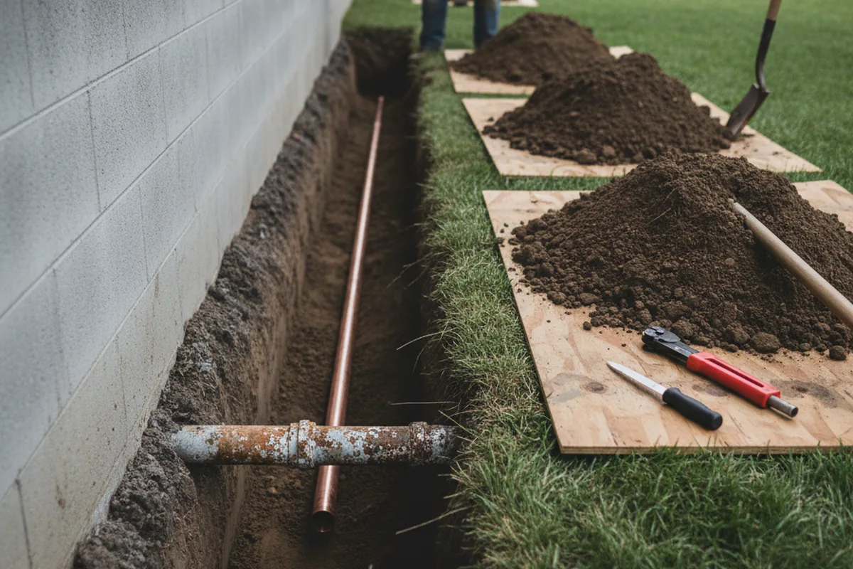 Excavated water line trench during Sewer Line Repair in Manor